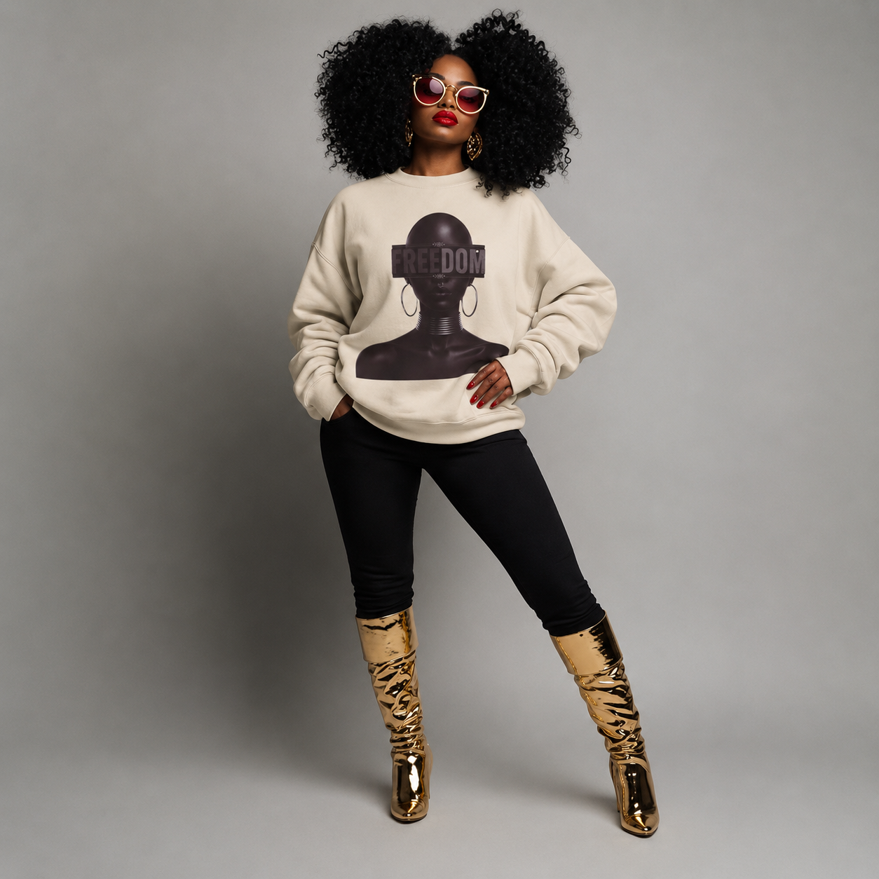 Freedom Crewneck Sweatshirt | Tonal Art Statement Sweater | Black Empowerment Apparel | Sand Premium Crewneck | Black Art Sweatshirt Gift