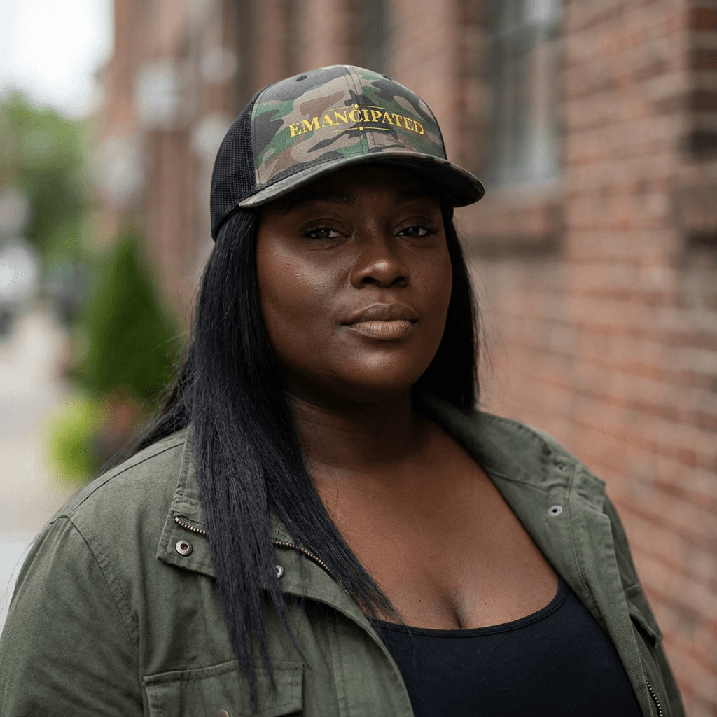 Emancipated Embroidered Camo Trucker Hat