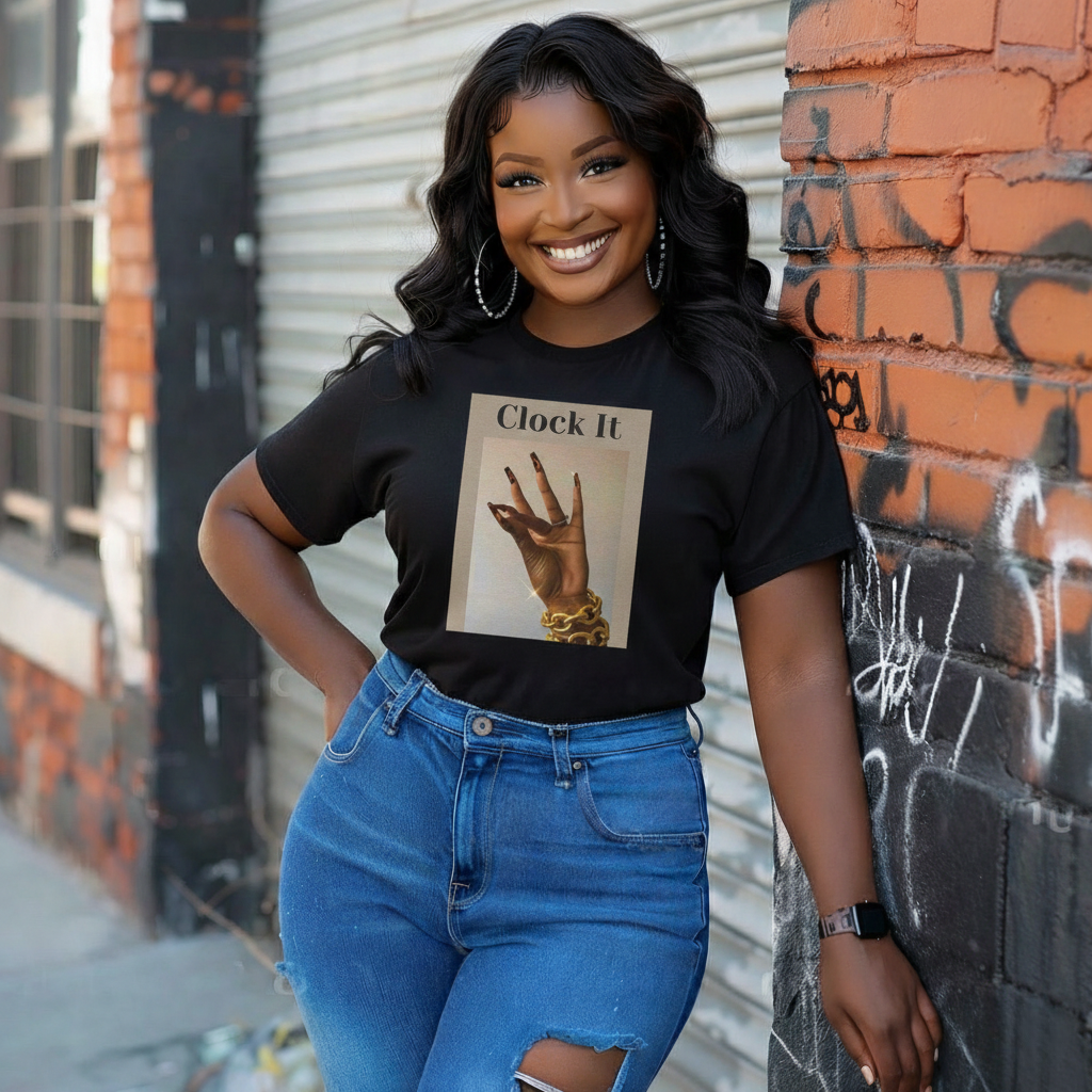 Clock It Luxury Graphic T-Shirt | Black Woman Fashion Tee | Fall Collection | Chic Street Style Outfit | Minimal Editorial Top