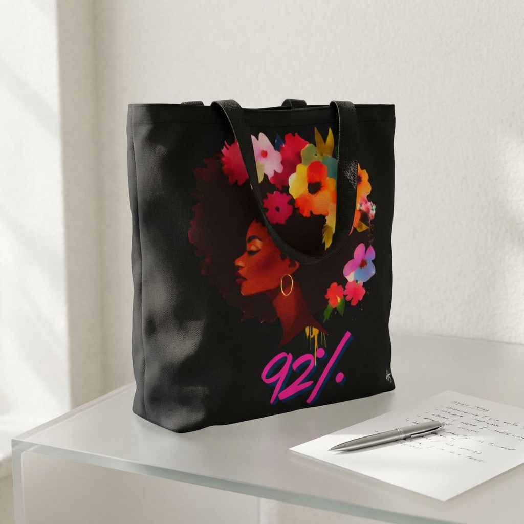 Floral Afro Profile 92% Tote 92 percent | Afrocentric Floral Art Tote | Melanin Queen Gift | Cultural Statement Bag | Black Owned Style