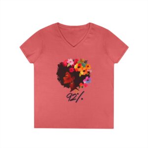 Afro Floral Profile 92% Ladies V-Neck T-Shirt | Floral Afro Woman Graphic