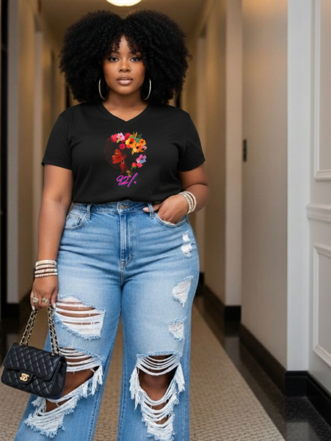 Afro Floral Profile 92% V-Neck T-Shirt